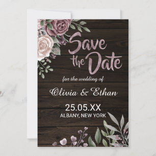Rustic Dusty Rose Floral on Dark Wood Save The Date