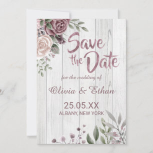 Rustic Dusty Rose Floral on Wood Save The Date