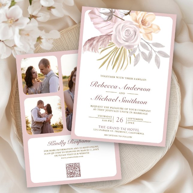 Rustic Dusty Rose Pink Floral QR Code Wedding Invitation (Creator Uploaded)