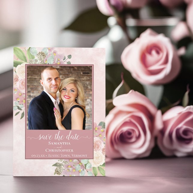 Rustic Dusty Rose Spring Floral Wedding Photo Save The Date (Creator Uploaded)