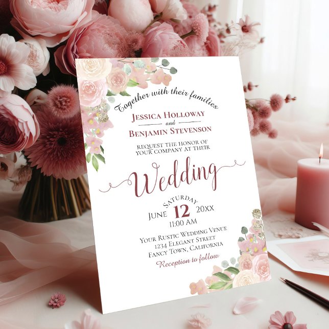 Rustic Dusty Rose Watercolor Floral White Wedding  Invitation (In Situ with Flowers)