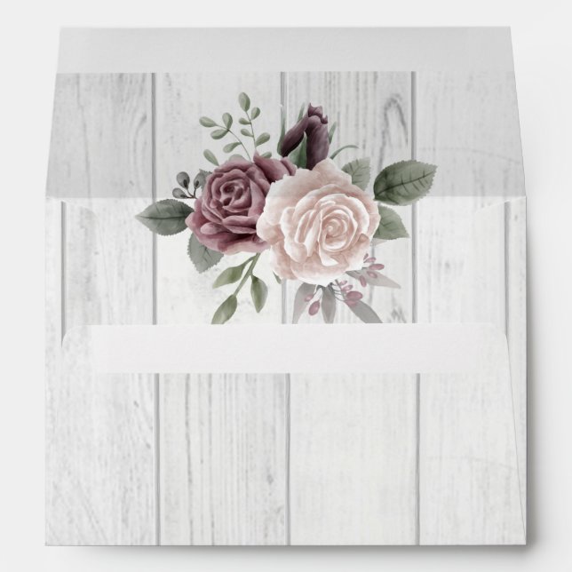 Rustic Dusty Rose Watercolor Flowers Wood Envelope (Back (Bottom))