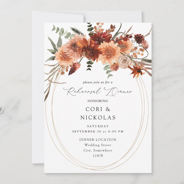 Rustic Earth & Champagne Florals Rehearsal Dinner Invitation (Front)