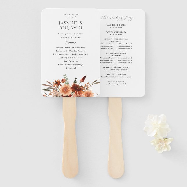 Rustic Earth & Champagne Florals Wedding Program Hand Fan (Front and Back)
