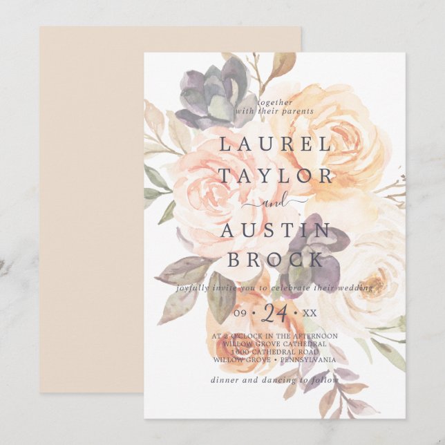 Rustic Earth Florals | Faded Flowers Wedding Invitation (Front/Back)