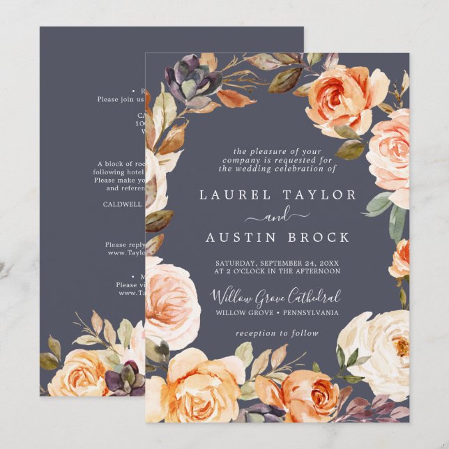 Rustic Earth Florals | Purple All In One Wedding Invitation (Front/Back)