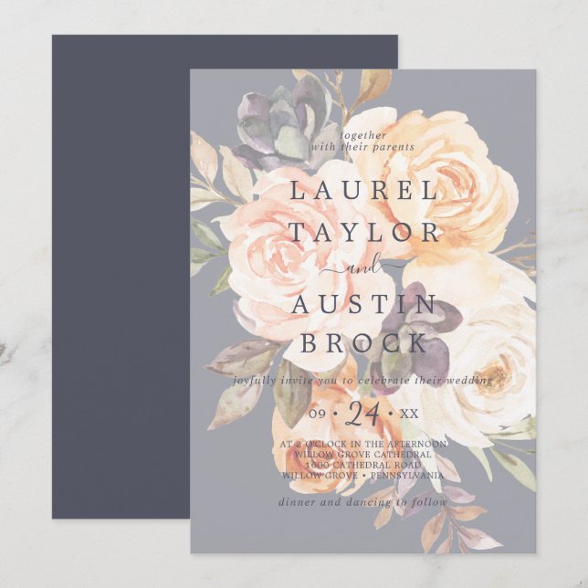 Rustic Earth Florals Purple Faded Flowers Wedding Invitation (Front/Back)