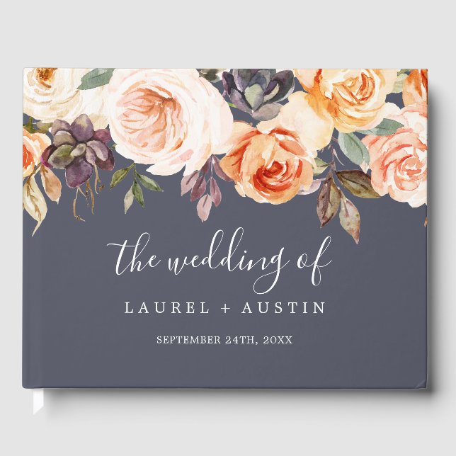 Rustic Earth Florals Purple Monogram Back Wedding Guest Book (Front)