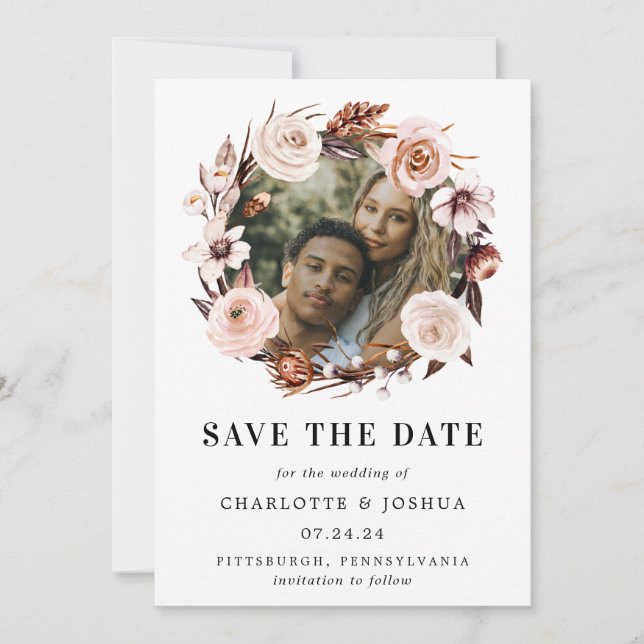 Rustic Earth-tone Boho Photo Save the Date  Invitation (Front)