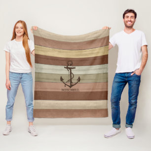 Rustic Earth Tone Wood Nautical ⚓ Stripes & Anchor Fleece Blanket