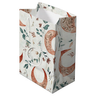 Rustic Earthy Boho Moon Floral Pattern Medium Gift Bag