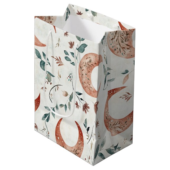 Rustic Earthy Boho Moon Floral Pattern Medium Gift Bag (Front Angled)
