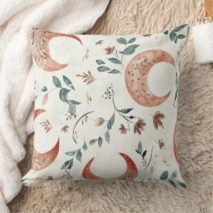 Rustic Earthy Boho Moon Floral Pattern Throw Pillow