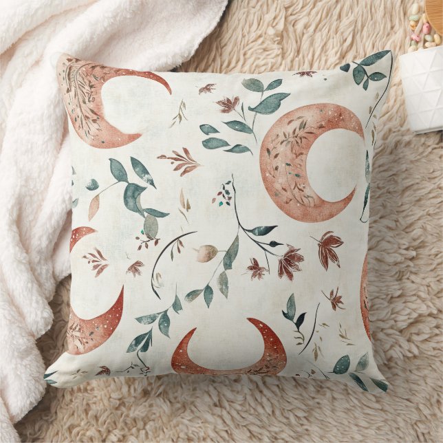 Rustic Earthy Boho Moon Floral Pattern Throw Pillow (Blanket)