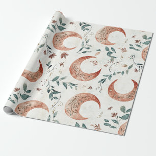 Rustic Earthy Boho Moon Floral Pattern Wrapping Paper