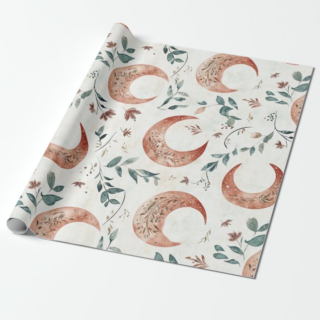Rustic Earthy Boho Moon Floral Pattern  Wrapping Paper (Unrolled)