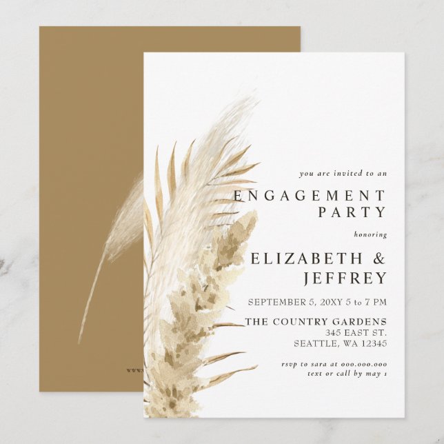 Rustic Earthy Boho Pampas Engagement Party Invitat Invitation (Front/Back)