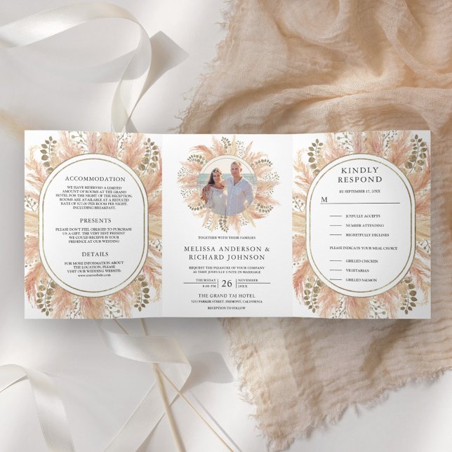 Rustic Earthy Boho Pampas Grass All in One Wedding Tri-Fold Invitation (Creator Uploaded)