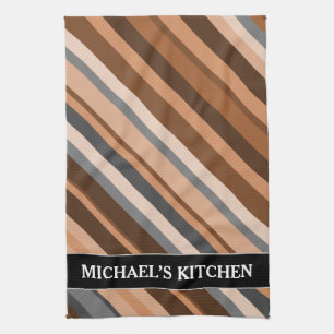 Rustic, Earthy Brown, Beige and Grey Stripes; Name Kitchen Towel