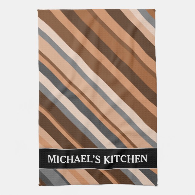 Rustic, Earthy Brown, Beige and Grey Stripes; Name Kitchen Towel (Vertical)