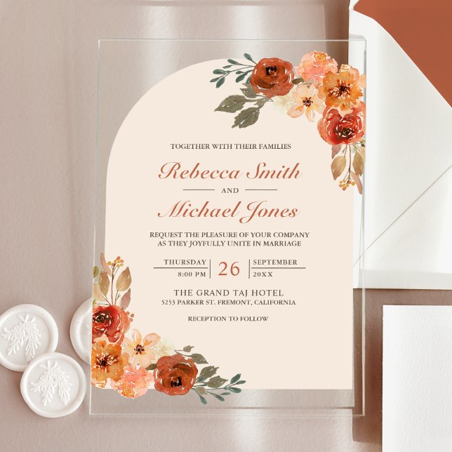 Rustic Earthy Burnt Orange Floral Arch Wedding Acrylic Invitations (Creator Uploaded)