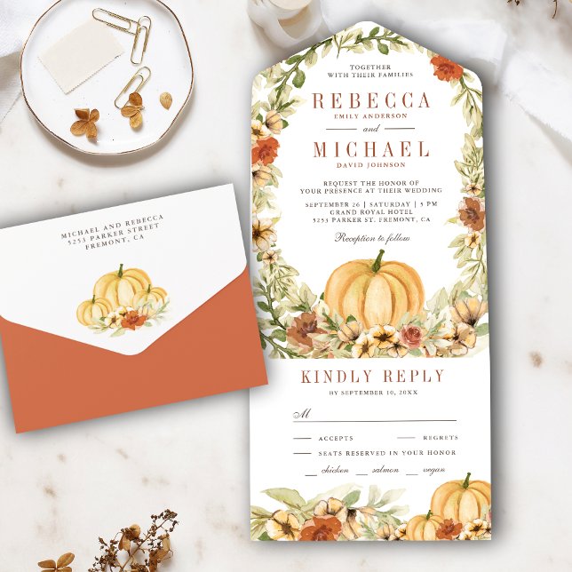 Rustic Earthy Floral Botanical Pumpkin Wedding All In One Invitation (Creator Uploaded)