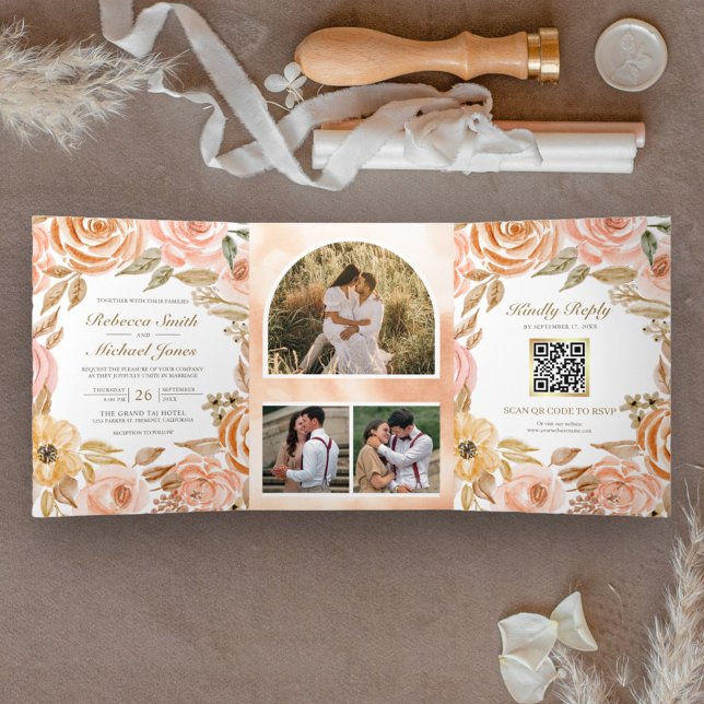 Rustic Earthy Floral Fall Autumn QR Code Wedding Tri-Fold Invitation (Creator Uploaded)