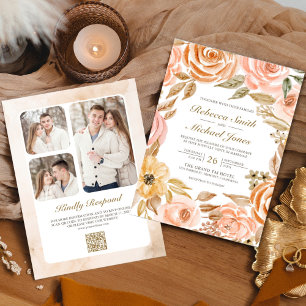 Rustic Earthy Floral Fall Photo QR Code Wedding Invitation