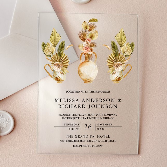 Rustic Earthy Floral Pots Dried Boho Palm Wedding Acrylic Invitations (Creator Uploaded)