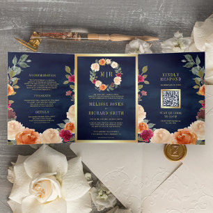 Rustic Earthy Floral Wreath QR Code Navy Wedding Tri-Fold Invitation