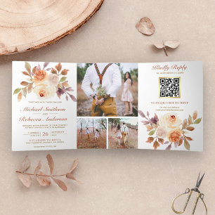 Rustic Earthy Ivory Floral Photo QR Code Wedding Tri-Fold Invitation