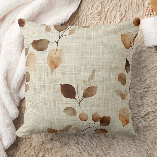 Rustic Earthy Leaves and Twigs Nature Pattern Throw Pillow (Blanket)
