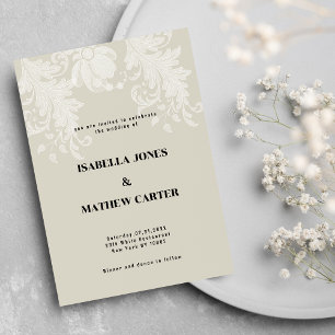 Rustic earthy neutral white floral lace wedding invitation