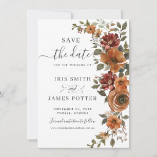 Rustic Earthy Rust Orange Copper Floral Wedding Save The Date