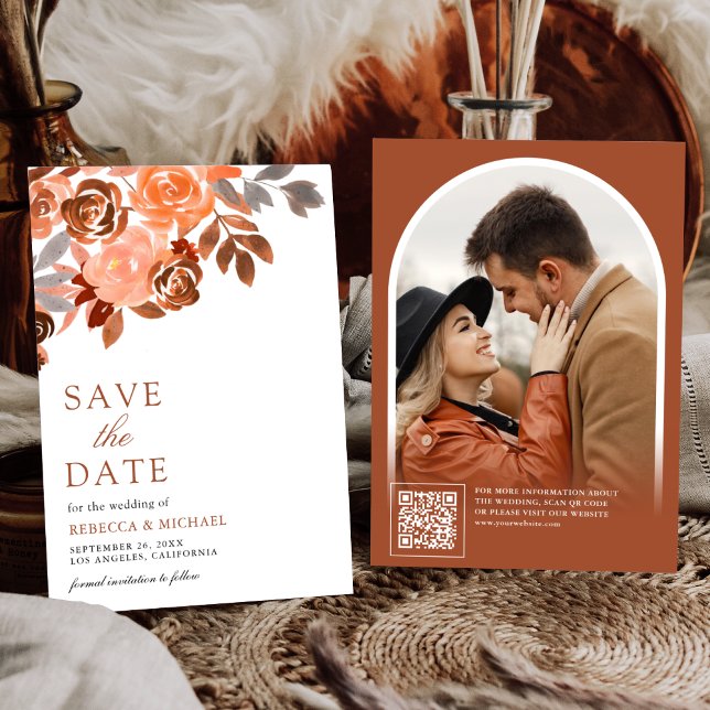 Rustic Earthy Terracotta Floral Wedding Photo Save The Date (Creator Uploaded)