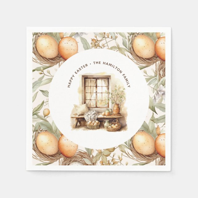 Rustic Easter Beige Personalized Family Name Napkin (Front)
