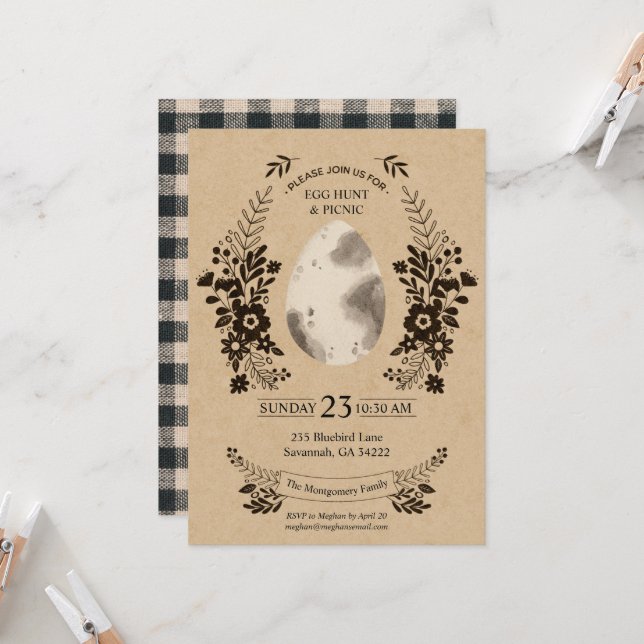Rustic Easter Black Gingham Egg Hunt Invitation (Front/Back In Situ)