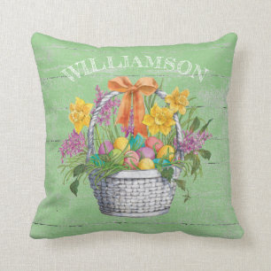 Rustic Easter Eggs Floral Basket on Green Throw Pillow