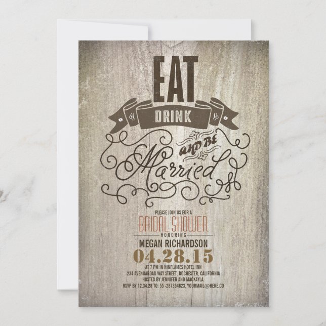 Rustic eat drink and be married bridal shower invitation (Front)