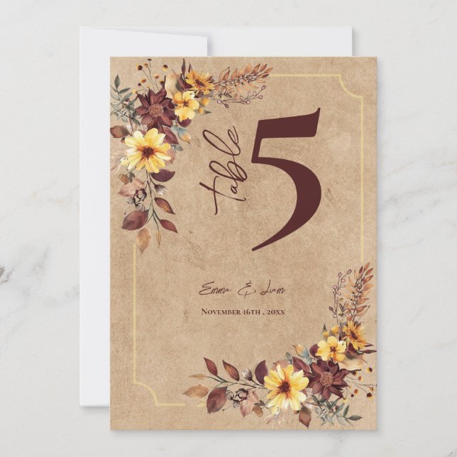 Rustic Editable Fall Floral Wedding Table Number (Front)