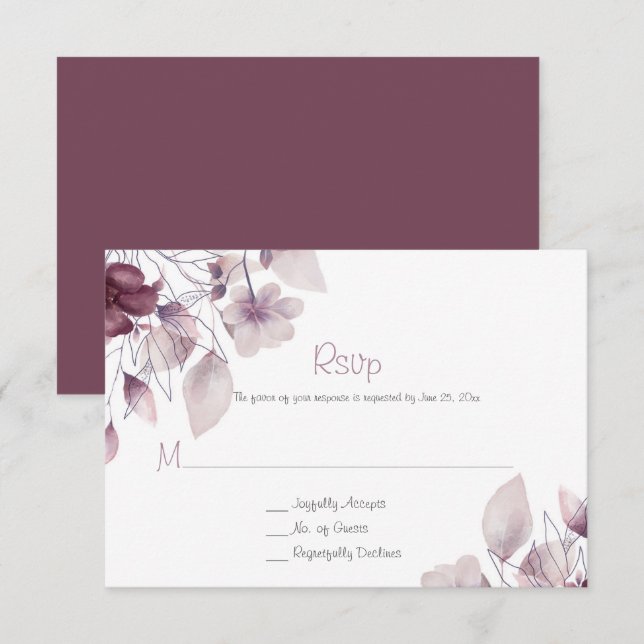 Rustic Eggplant, Dusty Purple, Mauve Pink Floral RSVP Card (Front/Back)