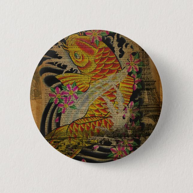 rustic eiffel tower japanese tattoo koi fish 2 inch round button (Front)