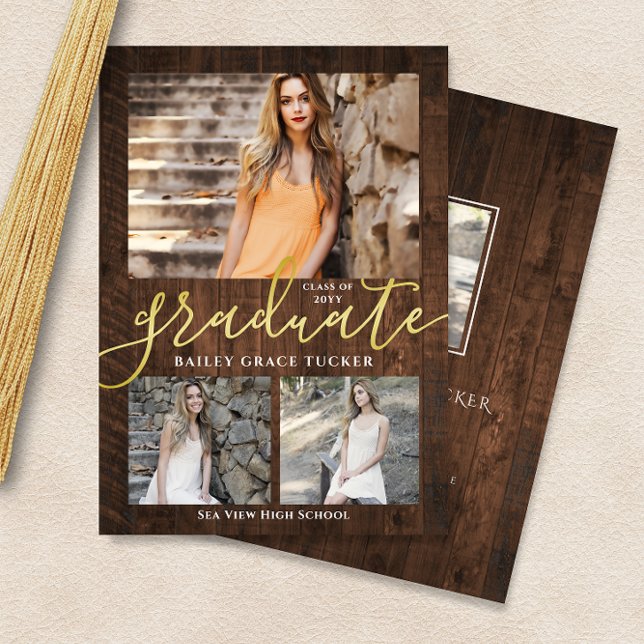 Rustic Elegance 4-Photo Collage Graduation Announc Announcement (Creator Uploaded)