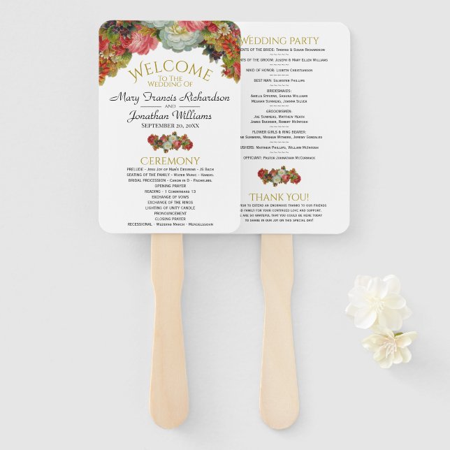 Rustic Elegance Autumn Floral Wedding Program Hand Fan (Front and Back)