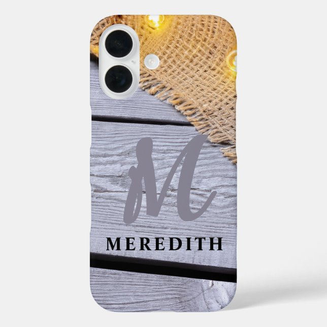 Rustic Elegance Barn Wood Burlap Name and Monogram Case-Mate iPhone Case (Back)