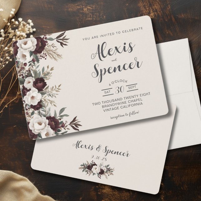 Rustic Elegance Burgundy Floral Wedding  Invitation (Rustic Elegance Wedding Invitation, Boho Burgundy, Autumn Country, Vintage Romantic Invitation)