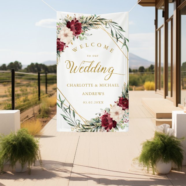 Rustic Elegance  Flowers, Gold-Geometric, Wedding  Banner (Rustic Elegance Flowers, Gold-Geometric, "Welcome" Wedding Banner With Your Name & Date.)