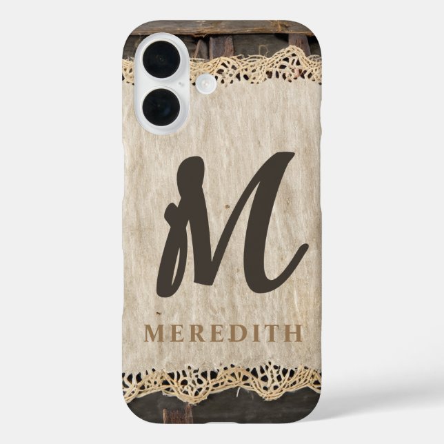 Rustic Elegance Monogram Burlap Lace Barnwood Case-Mate iPhone Case (Back)
