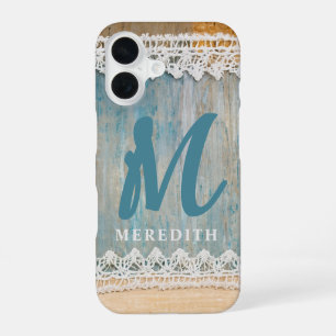 Rustic Elegance Monogram Burlap Lace Barnwood iPhone 16 Case