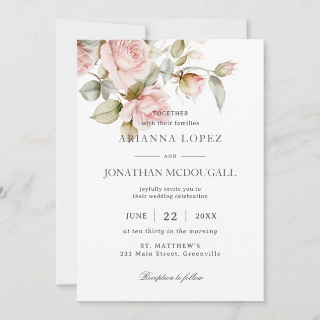 Rustic Elegance Pale Pink Roses Floral Wedding Invitation (Front)